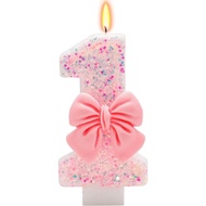 Pink Bow No. 1 Birthday Candle-Cake Decoration, Suitable for 1st Birthday Party, Princess Theme Part