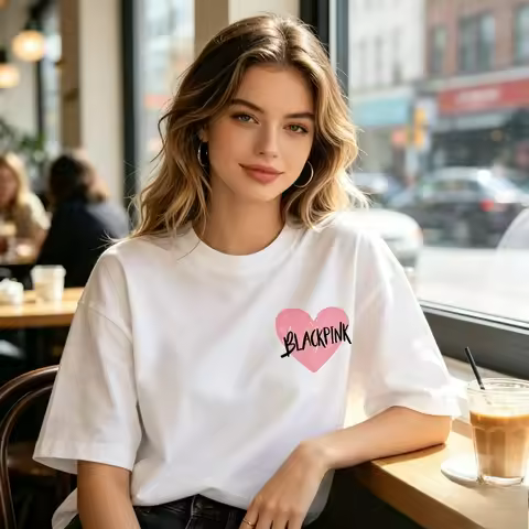 Blackpink Pink Heart Patch Women T‑Shirt Small Chest Logo Print Modal Soft Tee for Music Fan Concert