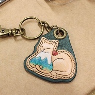 富士山貓貓鑰匙圈/盤起來款/客製英文名/皮雕手繪/另有悠遊卡款