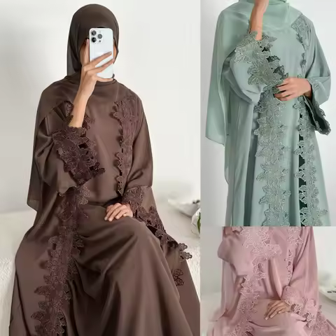 Muslim Woman Clothing Plus Size Lace Patchwork Cardigan+2 Piece Dress Sets Turkish Two Piece Set Tur
