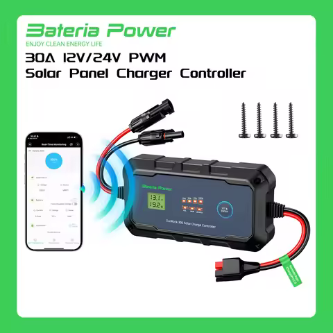 30A Solar Charge Controller 12V24V PWM Built-in BT APP Control,Bateria Power Intelligent Plug and Pl