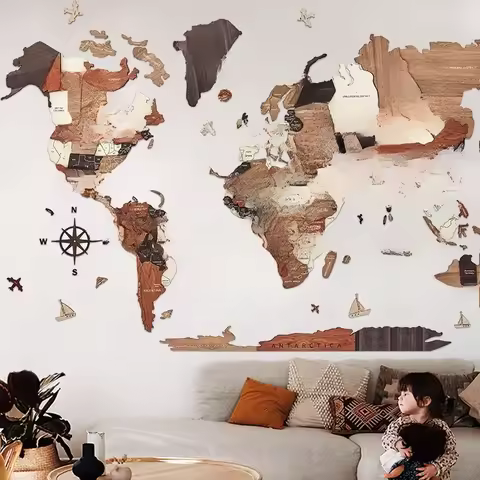 Solid wood world map puzzle wall wall decoration pendant wall body