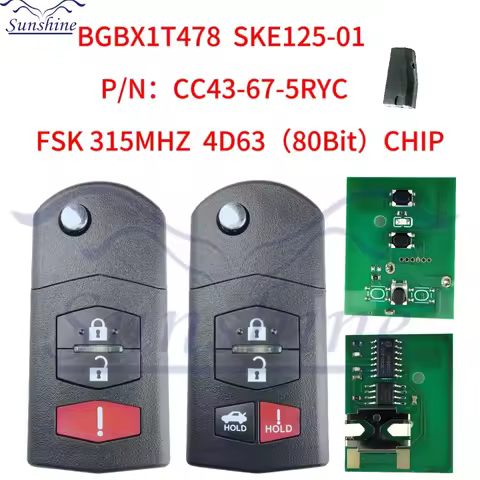 Sunshine Flip Remote Car Key 315Mhz 4D63 Chip For Mazda 2 3 5 6 8 CX-7 CX-9 MX-5 BGBX1T478SKE125-01 
