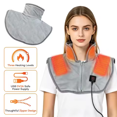 USB Heated Shawl for Neck & Shoulders, 3 Heat Levels Wearable Heating Wrap with Zipper, 3-Zone Warmi
