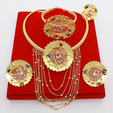 Luxury 18K Gold Plated Jewelry Set Italy Dubai Necklace Earrings Bracelet Ring For Women Mother's Da