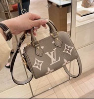 LV LOUIS VUITTON Nano Speedy Bag Tourterelle Gray / Cream Monogram Empreint Mini 大象灰 小廢包 可拆卸肩帶 牛皮 單肩