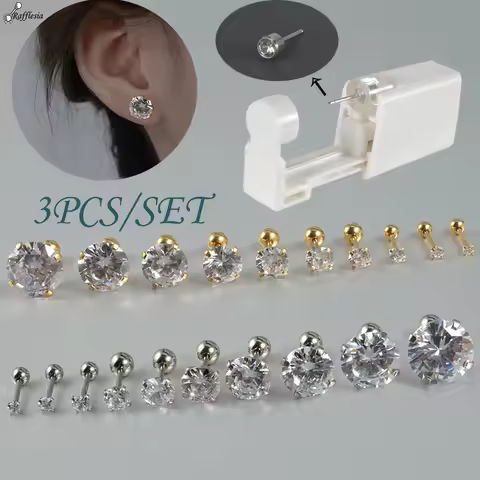 3PCS/Set Easy to Use Disposable Sterile Ear Piercer with Round Zircon Safe Ball Buckle Set Piercing 