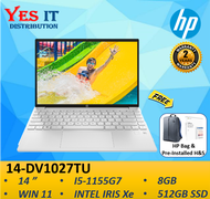 HP PAVILION 14-DV1027TU 14" LAPTOP (I5-1155G7, 8GB, 512GB SSD, IRIS Xe, W11+OPI, 2YW) FREE BAG
