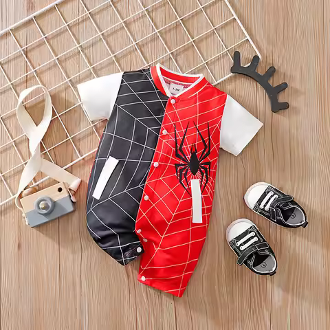 Newborn Clothes Splicing Spider Handsome And Comfortable Soft Boy And Girl Summer Short Sleeved Baby