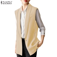 ZANZEA Women Korean Turn-Down-Collar Contrast Line Sleeveless Causal Blazer