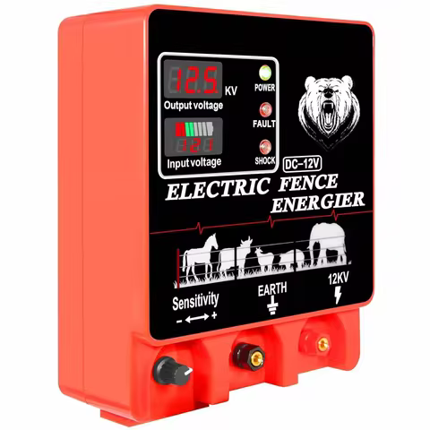 9 Joules 40KM Electric Fence Charger LCD Display AC 12V Input/12KV Output 400 Acres Coverage Waterpr