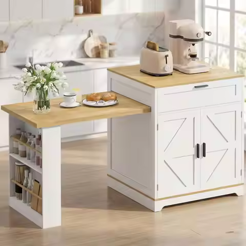 67.7 Kitchen Island with Seating, Expandable Dining Table, Rolling Bar Cart, White