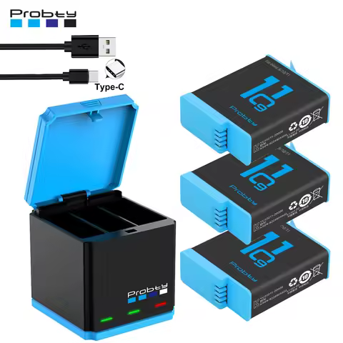 1850mAh Battery for GoPro hero 10 +LED 3-Slots Charger with Type-C Port For GoPro Hero 12 Go Pro 10 