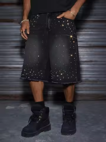 Men's Rhinestone Denim Shorts Baggy Raw Hem Jean Shorts Summer Casual Streetwear Y2K Black Washed No