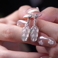 玻璃種飄藍花翡翠葉子耳環18K金鑽石 | 天然緬甸玉翡翠A貨 | 送禮