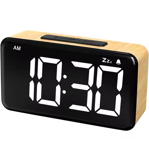Wood Grain Digital Alarm Clock LED USB Charging Alarm Clock Adjustable Brightness 12/24H Desk Clock 