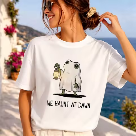 We Haunt At Dawn Frog Ghost Women Quirky Illustration Graphic Tee Funny Lantern Ghost Top Camping Ni