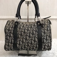 【初夏優惠】稀有中古二手Dior黑灰色老花波士頓手提圓桶袋小包
