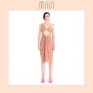 [MILIN] Front draped and cutout detail V neck sleeveless ruched midi dress เดรสมิดิคอวีแต่งรูดดีเทลแ