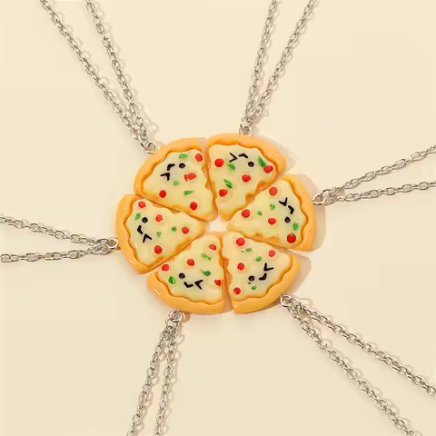 6pcs Pizza Necklace for Kids Cartoon Cute 3D Pizza Pendant Friendship Necklace Charms Keychain DIY J