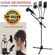 Stand Mikrofon Standing Holder Tripod dengan 3 x Smartphone Holder Jepitan Penjepit Hp Tripot Stan T