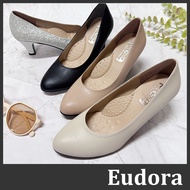 [Eudora] Office Shoes High Heels Interview Pointed Toe Banquet Silver Thick Black Bag Leather