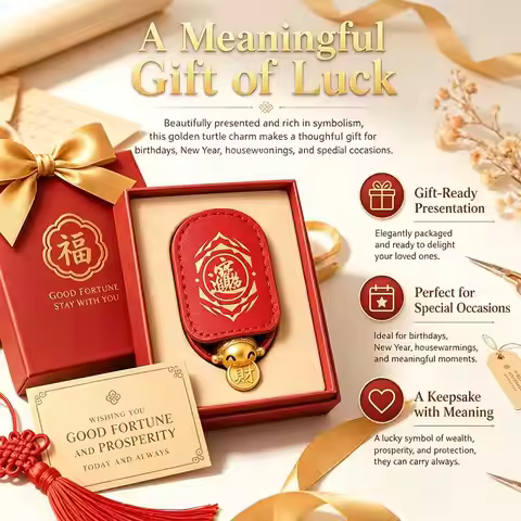 Chinese Feng Shui Lucky Golden Turtle Charm Brass Wealth Amulet With Leather Sleeve Compact Pocket T