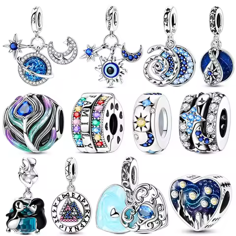 2025 Blue Earth Series 925 Sterling Silver Sparkling Star Heart Beads Charms Pendent Fits 925 Origin