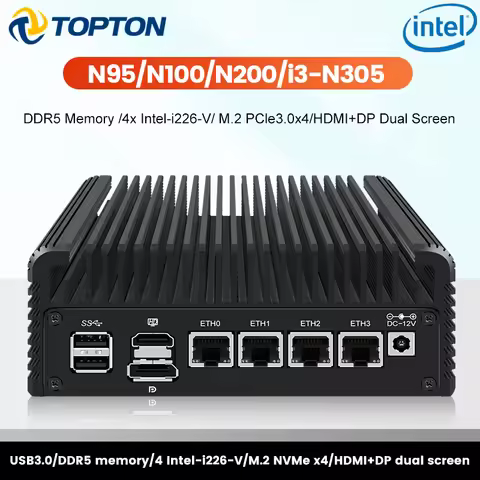 Topton Firewall NAS Fanless Mini PC Intel Core i3 N305 N100 DDR5 2xNVMe 4x i226-V 2.5G LAN 8xUSB Pro