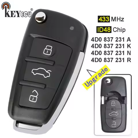 KEYECU 433MHz ID48 P/N: 4D0 837 231 A / K / N / R Flip 3 Button Remote Car Key Fob for Audi A3 A4 A6
