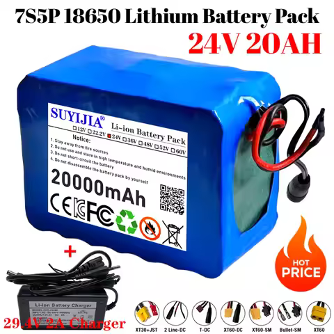 New 7S5P 18650 Lithium Battery Pack 24V 20Ah 15A BMS 500W 29.4V 20000mAh for Wheelchair Electric Veh