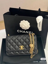 Chanel 24p wallet on chain woc black 愛心 心心 調節扣 鏈條銀包 黑色 荔枝紋牛皮 金扣