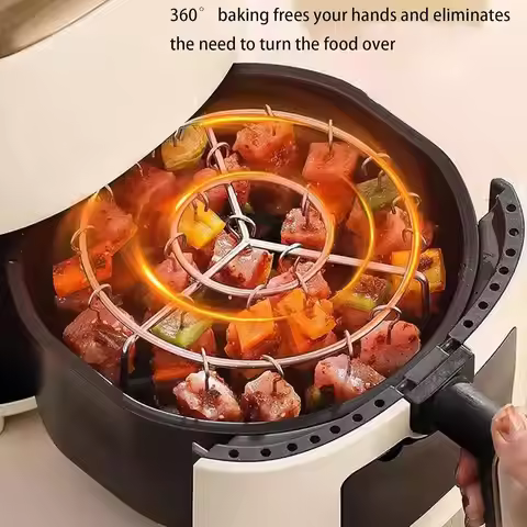Portable Stainless Steel Air Fryer Grill Round with Grilled Skewers Hanging Skewers Air Fryer Meat S