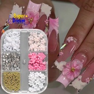 <Dream-t> Nail Art 3D Gems Mixed Flowers Steel Beads Box 6 Grid DIY Accessories for Party Manicure D