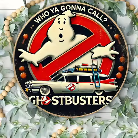 Vintage Ghostbusters Logo Tin Sign, Round Distressed Metal Wall Art with Ghost & Ecto-1 Car, 80s Mov
