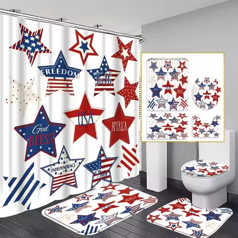 4 Piece Bathroom Set American Patriotic Stars Shower Curtain Set 71x71 Inch Polyester Curtain with 1