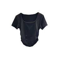 Rear Strip T-shirt - 92%Cotton 8%Spandex, Short Sleeve, Solid Color, Square Collar
