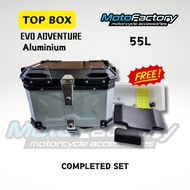 EVO ADVENTURE Motorcycle Aluminium Top Box 55L TANKER SILVER BLACK (WITH Cushion Backrest Pad)