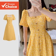 Women Boho Dress Button Pleated Spring/summer Yellow Dress L137ED633