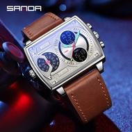 Sanda นาฬิกาอิเล็กทรอนิกส์ทรงสี่เหลี่ยมโลหะ,เทรนด์แฟชั่นใหม่นาฬิกาธุรกิจแบบหลายเวลา6032-16
