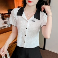 Contrast Polo Neck Short Sleeve T-shirt 2023 Summer New Polo Shirt Pleated Short Shirt