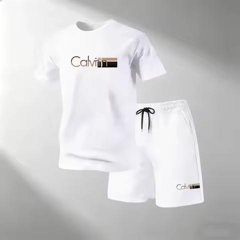 2026 Summer Men's Streetwear 2 Piece Set O-Neck T-Shirt+Sports Shorts Quick Dry Fitness Gym Running