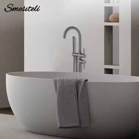 Gunmetal Freestanding Bathtub Faucet Set Floor Mounted Mixer Hot & Cold Shower System 2 Modes Handhe
