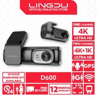 LINGDU D600 4K 2160P Dashcam DVR Car Recorder Front + Rear Cam/GPS/24 Hour Recording/Wi-Fi [Free SD Card]