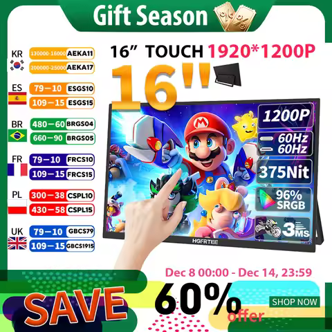 HGFRTEE 16 inch Touch Portable Monitor 16:10 96%sRGB 350Cd/m² Second Screen For Laptop With Holder S