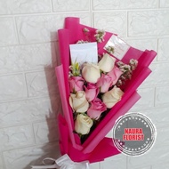bucket bunga mawar pink mix/mawar pink asli/ bunga ultah/bunga asli