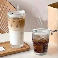 1 Piece, Striped Glass Cup With Straw And Lid - 20.29 Oz/600 Ml/13.5 Oz/400 Ml, Beautifully-Looking 