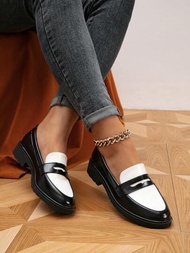 女式圓頭厚底便鞋,黑白雙色,適用於春秋平底鞋