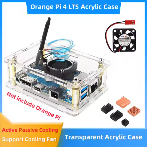 Orange Pi 4 LTS Acrylic Case Transparent Shell Optional Cooling Fan Heatsink DC 4.0 Power Supply Mic