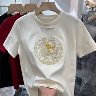 Womens Chinese style T-shirt 2024 summer new print slimming fashion loose casual button top